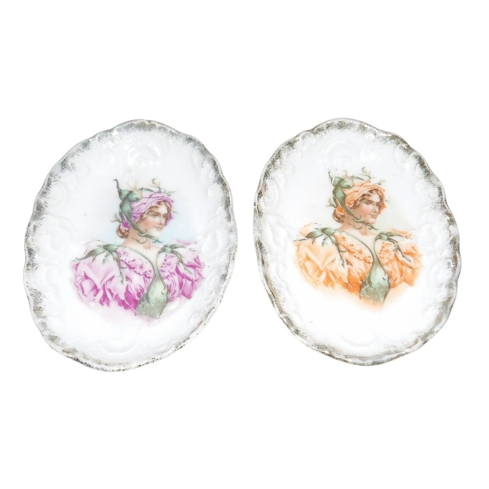 Antique Art Nouveau Victorian Lady Porcelain Trinket Dish Set of 2 Floral Pink